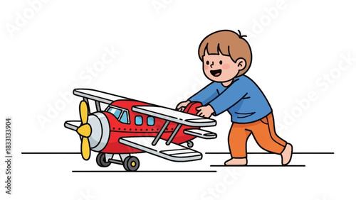 Boy playing with a toy airplane, cartoon illustration.