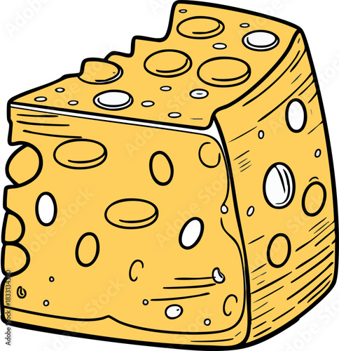 A cartoon-style block of Swiss cheese with multiple round holes and a bright yellow color.