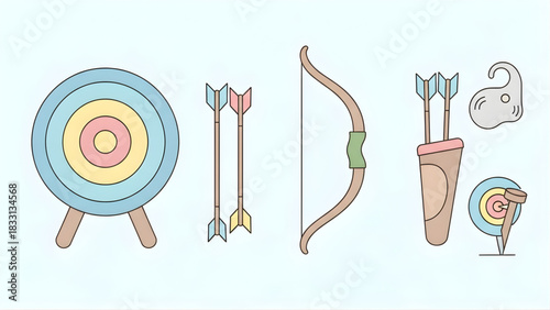 Archery equipment icons Target, bow and arrow, quiver, sport elements for design, web, games