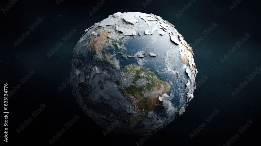 Fototapeta premium Peeling earth layers, planet, globe, texture, surreal, dramatic mood, space backdrop