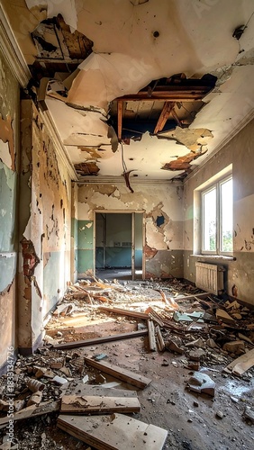 Crumbling interior shows devastation, debris-strewn floor and destroyed ceiling in an abandoned structure filled with sunlight