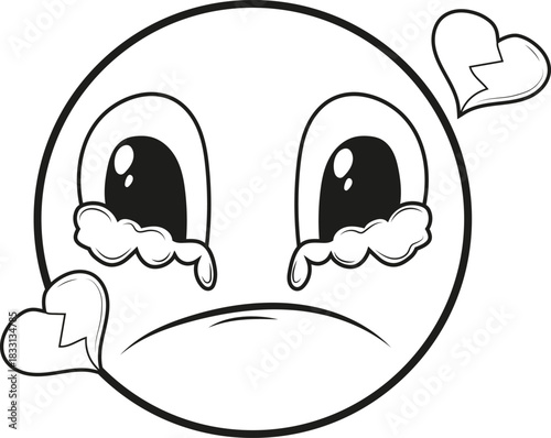 Crying emoji. Broken heart. Doodle style vector illustration.