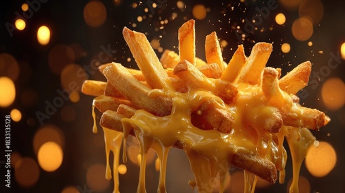 Golden crispy french fries with melted cheese splash flying in the air, hot fast food concept, delicious snack texture, dramatic motion and warm light background