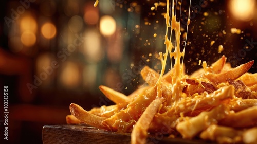 Golden crispy french fries with melted cheese splash flying in the air, hot fast food concept, delicious snack texture, dramatic motion and warm light background