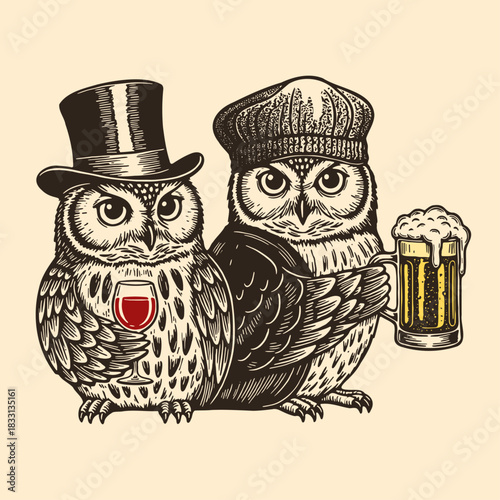 two owls with glass of wine and beer mug enjoying drinks, funny vintage illustration
