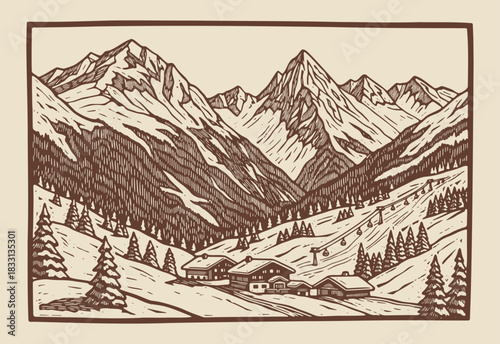 vintage mountain landscape illustration with ski lift and chalets, winter resort illustration