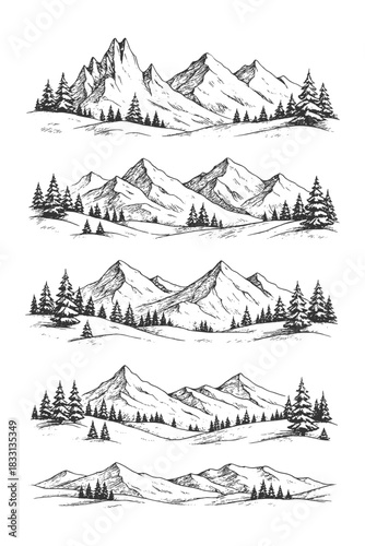 Mountain landscape vector set showing multiple scenic ranges with evergreen trees and layered contours, ideal for outdoor branding, adventure graphics, badges, and nature-themed artworks.
