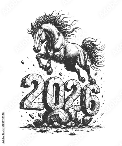 Dynamic horse vector illustration leaping over bold “2026” typography with ink-splash effects, perfect for New Year graphics, sports themes, motivational posters, and energetic design projects.