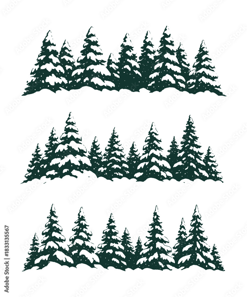 Fototapeta premium Winter pine forest silhouette vector featuring layered rows of snow-covered evergreen trees, ideal for seasonal borders, outdoor patterns, holiday graphics, and nature-themed design elements.