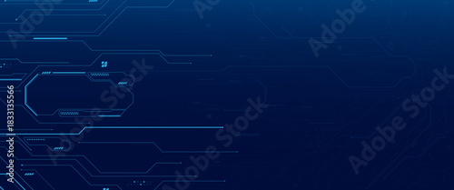 Circuit blue board texture on black technology web banner background. Abstract digital or semiconductor with circuit board wires and electronics components.