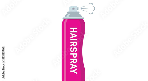 A pink aerosol can of hairspray with a spray nozzle emitting vapor