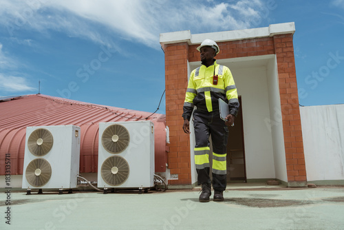 Engineers are checking the air conditioning and cooling system in a commercial building. (PHOTO)