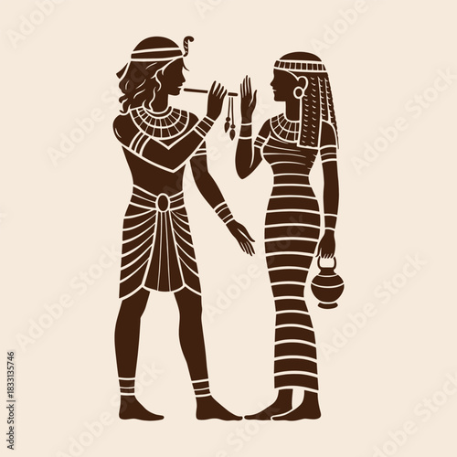 Ancient Egyptian silhouette vector illustrating a man and woman in traditional attire, ideal for historical themes, educational materials, cultural posters, and themed graphic designs.