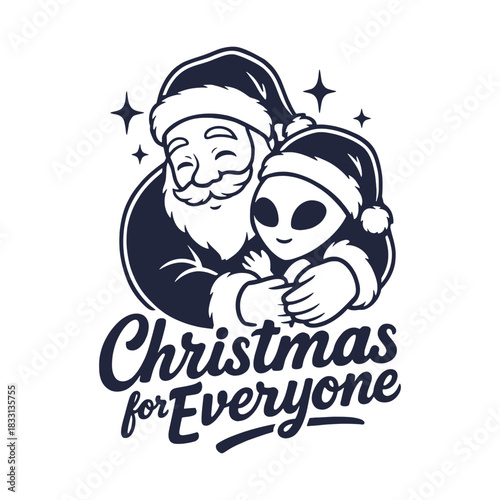 Playful holiday vector illustration featuring Santa hugging a friendly alien character, designed in bold graphic style for Christmas merchandise, stickers, and festive prints.