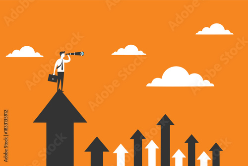 Businessman on Upward Arrow with Telescope Symbolizing Business Vision, Growth, and Future Success