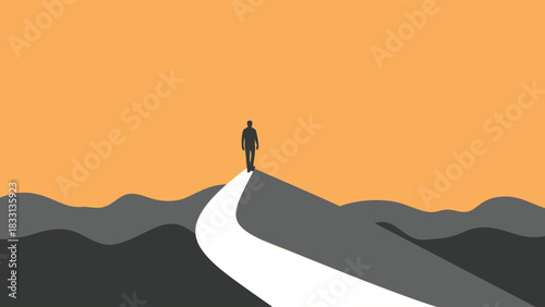 Minimalist Illustration: Solitary Silhouette Walking Winding Path on Mountain Towards Bright Orange Horizon