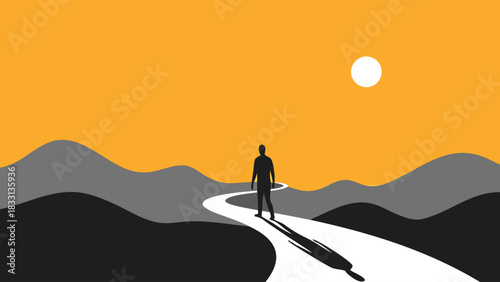 Silhouette Man Walking on Winding Road Towards Horizon Over Mountains at Sunset - Journey, Challenge, Future Direction