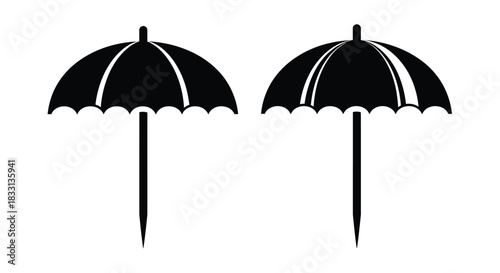 Two black umbrellas with curved handles displayed as simple vector icons