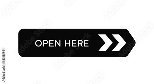 A black sign with the words open here and a right pointing arrow