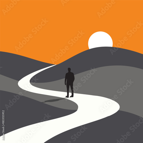 Solitary Man on a Winding Path Towards the Horizon, Symbolizing Life's Journey, Future, and New Beginnings at Sunrise