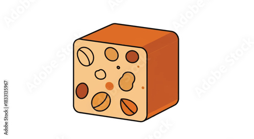 A colorful illustration depicting a cube of swiss cheese with circular holes