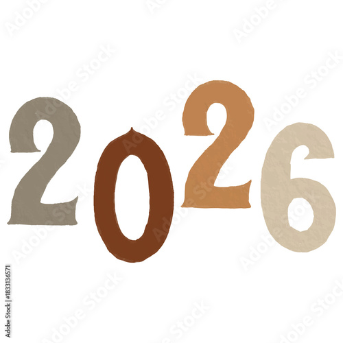 Hand-painted “2026” numbers in neutral brown watercolor tones. Textured, artistic typography perfect for New Year designs, greeting cards, calendars, posters, and decorative graphics.