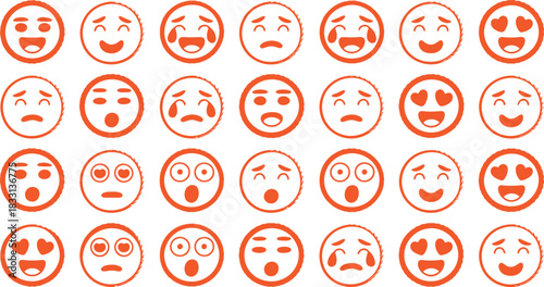 Collection of cartoon faces expressing various emotions a diverse range of feelings illustrated through simple expressive characters in a grid pattern on a white background