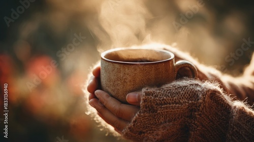 Warm hands holding steaming ceramic cup outdoors with soft autumn light, cozy lifestyle moment, hot drink comfort concept, calm mood and seasonal atmosphere