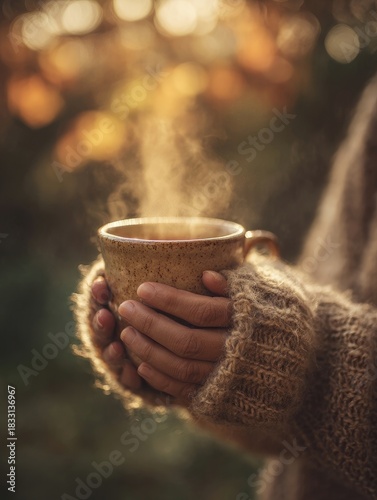 Warm hands holding steaming ceramic cup outdoors with soft autumn light, cozy lifestyle moment, hot drink comfort concept, calm mood and seasonal atmosphere