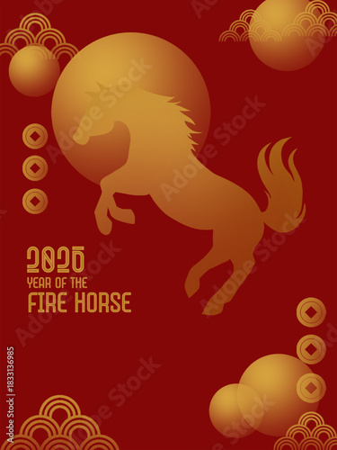 Elegant 2026 Year of Horse Chinese New Year in Minimalist Red Gold Design. 2026 Lunar New Year Zodiac. Minimalist Silhouette Illustration