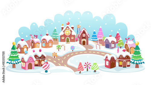A whimsical gingerbread town with candy cane lampposts, chocolate rooftops, gumdrop trees, icing roads, snowy sugar landscape, adorable holiday fantasy world