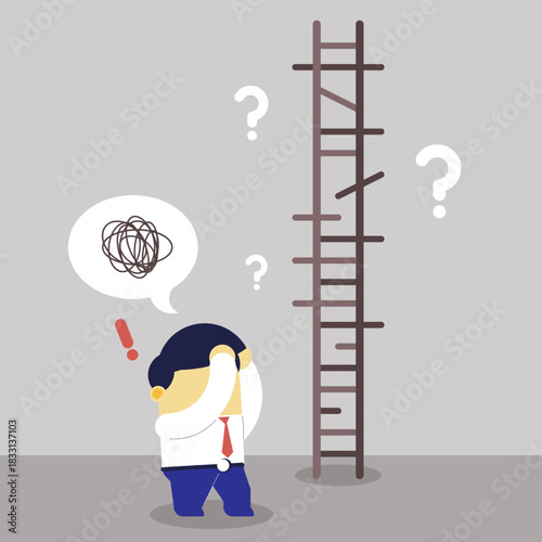 Illustration of a confused businessman facing a broken, complicated ladder, symbolizing obstacles, stress, and uncertainty in reaching goals.