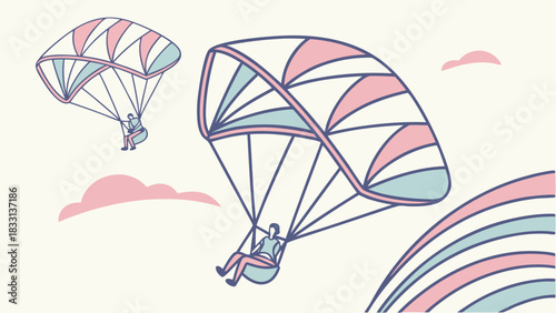 Stylized Paragliding Adventure in the Sky with Pastel Clouds, Freedom and Leisure Illustration