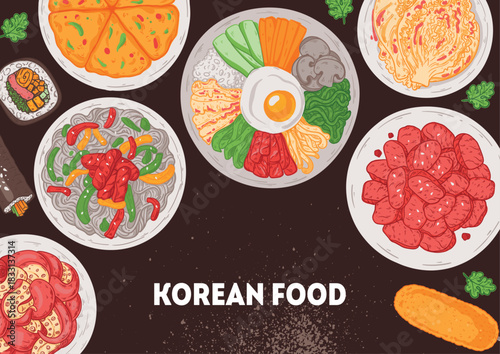 Korean food vector drawing. Top view Korean food dishes vector illustration. Flat style. Nakji bokkeum, kimbap, japchae, pajeon, bibimbap, bulgogi, kimchi, corn dog.