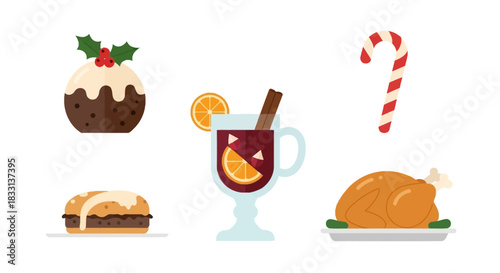Holiday Food and Drink Icons – Christmas Pudding, Candy Cane, Mulled Wine, Pastry, and Roast Turkey Illustrations