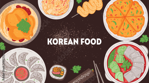 Korean food vector drawing. Top view Korean food dishes vector illustration. Flat style. Samgyetang, mandu, kimbap, jjigae, pajeon, kimchi, odeng