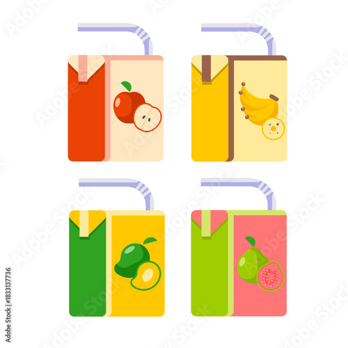 Colorful illustration of four fruit juice boxes featuring apple, banana, mango, and guava flavors, each with bright packaging and attached straws.
