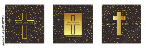 Merry Christmas Christian golden geometric background collection with golden text,night sky stars and cross. Merry Christmas minimalistic poster set, social media post layout, square banner template