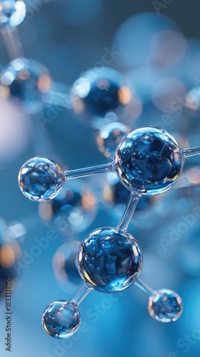 Water Molecule Structure in Close-up, Clear Transparent Bubbles Connected by Bonds, Science and Chemistry Concept, Molecular Structure in High Detail, Abstract Scientific Background with Water Bubbles