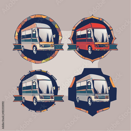 Vintage-style mini-bus illustrations in decorative badge designs.