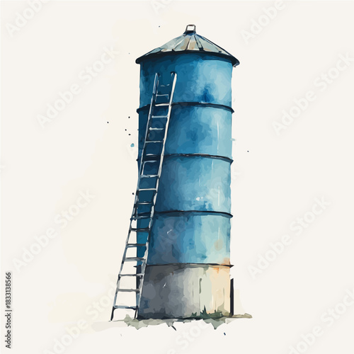An Elegant blue farm silo ladder painting design collection, Hand-painted watercolor style, vectorized, vector set available in EPS, Simple design, EPS format set, watercolor painting