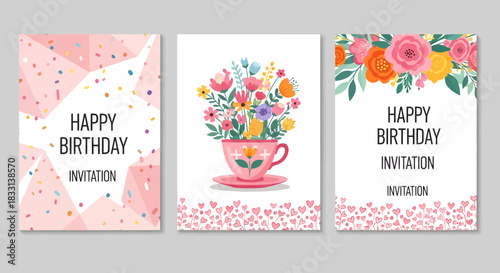 Three birthday invitation cards with floral and geometric designs.