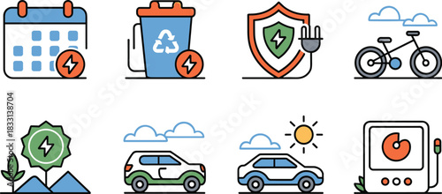Eco Mobility Icons Set Clean Energy Transport Electric Vehicles Renewable Power Sustainability Symbols