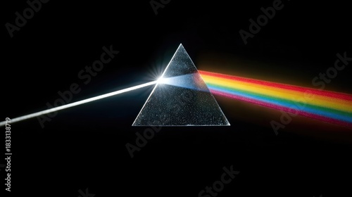 Light refraction through glass prism creating rainbow spectrum, physics optics concept with white beam splitting into colorful light on dark background
