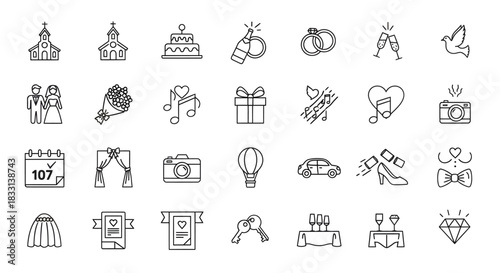 Collection of wedding icons in outline style on white background.