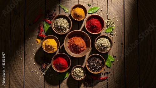 Variety of Spices on Wooden Surface