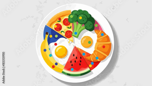 Colorful plate of diverse food items arranged in a circle.