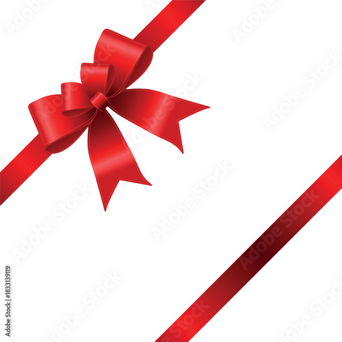Vector decorative shiny gift red ribbon with tied bow, design element isolated on white background