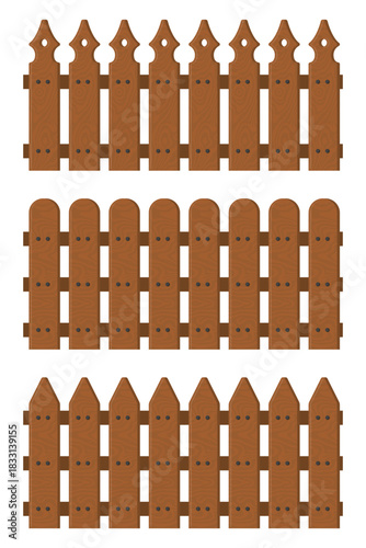 Collection of rustic wooden fence vector templates, featuring decorative, rounded, and pointed picket styles, perfect for various design projects.