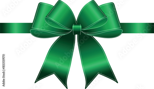 Vector decorative shiny gift element of dark green ribbon with tied bow isolated on white background